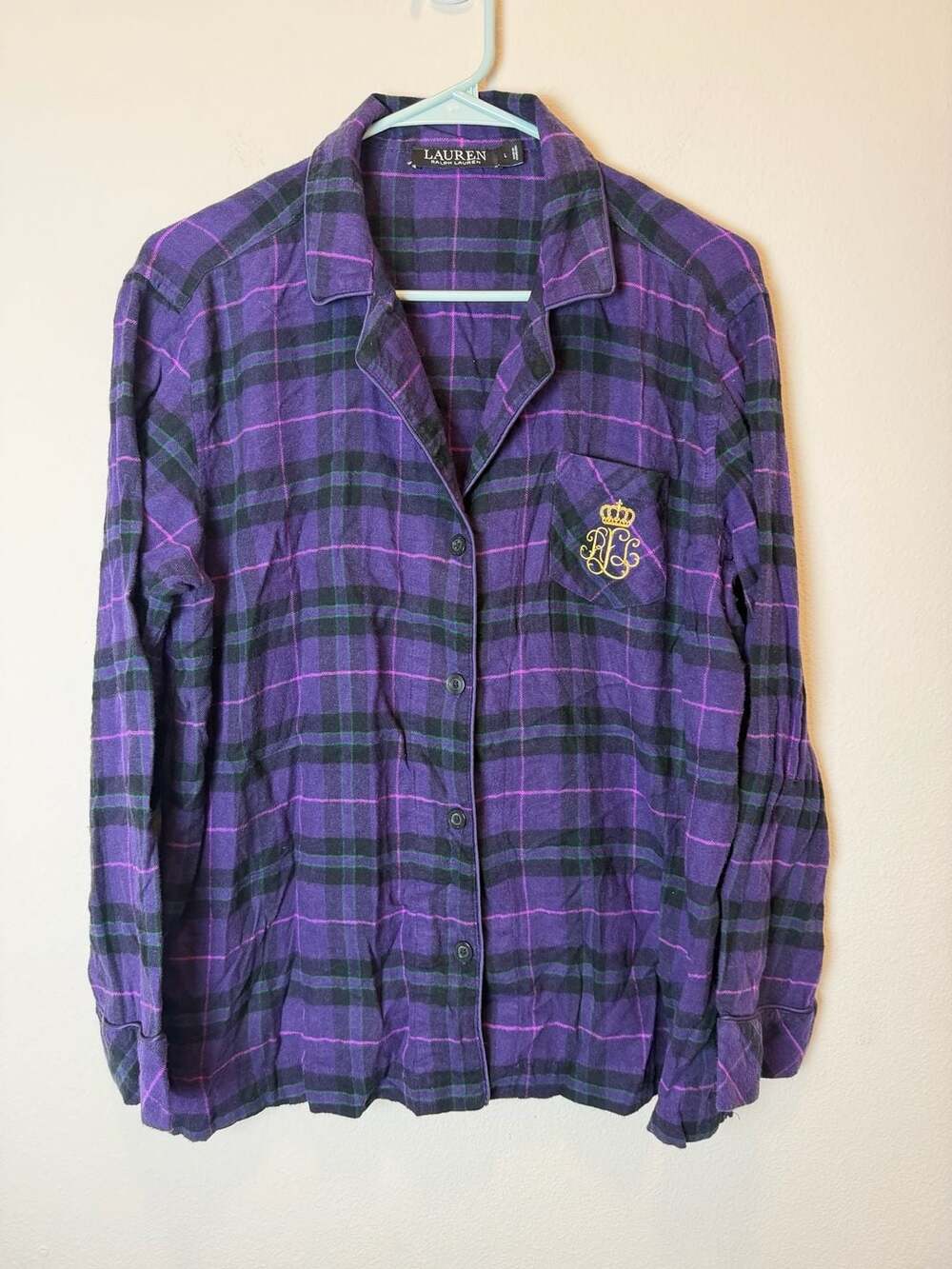 Lauren Ralph Lauren Purple Plaid Flannel Pajama Top with Crest Logo